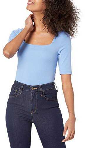 Amazon Essentials Women's Slim-Fit Half Sleeve Square Neck T-Shirt, Blue, S