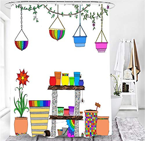 M&W DAS DESIGN Duschvorhang bunt Garten schwer Farbvolle Blumen Planzen Badezimmer Textil Vorhang mit Antischimmel Effekt Igel waschbar Shower Curtain inkl. 12 C-Ringe mit Gewicht unten 180 x 200 cm