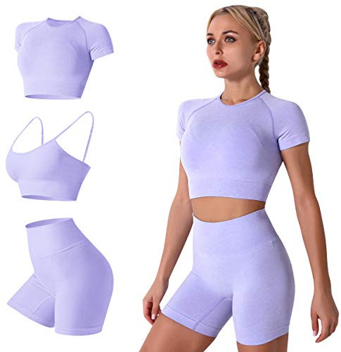 IMEKIS Vestito da Yoga per Donne Reggiseno Sportivo con Top Corto e Pantaloni Scatti Set di Allenamento da Palestra 3 Pezzi Senza Cuciture Tuta Estiva Casual da Corsa Abbigliamento Sportivo Viola S