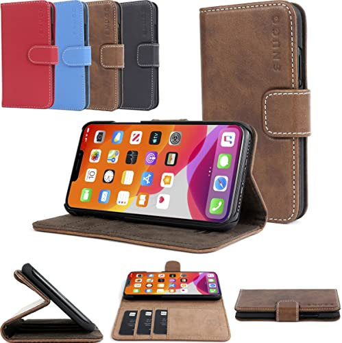 Snugg iPhone 13 Pro Max Leather Case – Folding Wallet Case with 3 Card Slots, Magnet Closure, and Phone Stand Function – Leather, TPU, and Nubuck iPhone 13 Pro Max Wallet Case – Brown