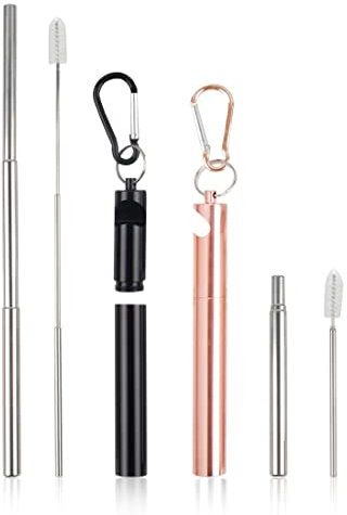 2 Set Edelstahl Strohhalme Wiederverwendbar, Tragbares Set Mit Korkenzieherfunktion, Teleskop-Trinkhalme Mit Bürste für Reisen, Arbeit, Geschenkidee (Schwarz Und Champagner)