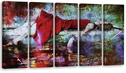 Feeby Leinwandbild 200x80 cm Frau Rotes Kleid Abstrakt Porträt 5 TLG Bild Kunstdruck Wand Bild Deko Wohnzimmer Wohnungs Glamour Mode Nackt Rot
