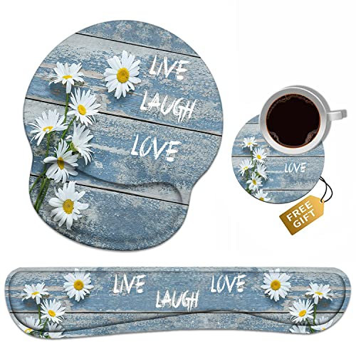 Keyboard Wrist Rest + Mouse Pad Wrist Support Set with Coasters, Dreamy Daisy Vintage Wood Board Live Laugh Love Design Non-Slip PU Base Ergonomic Mousepad for Home Office Working Studying