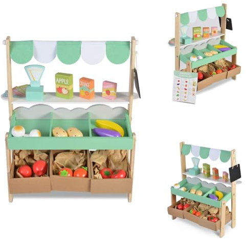 Moni Kinder Marktstand 4425 Holz 50cm hoch Supermarkt Lebensmittel Einkaufsliste