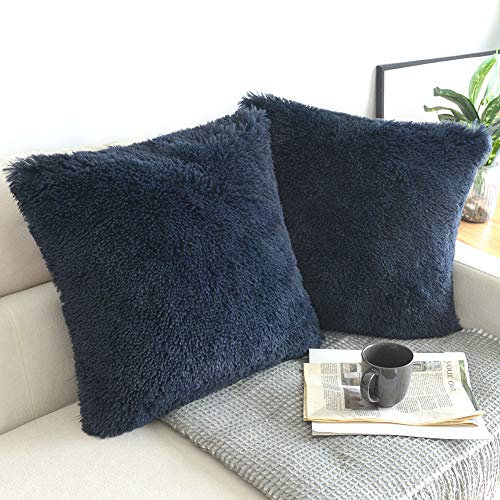 NordECO HOME 2er Set kissenbezüge 50x50 cm Kissen Marineblau Künstlich Pelz Fellkissen Dekorative Deko Kissen Kuschelkissen Flauschig Sofakissen Weich Plüschkissen für Sofa