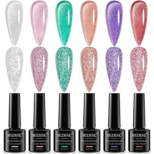 MIZHSE UV Nagellack Glitzer Durchsichtig Gelee Kristall Glitzer Nagellack 6 Farben 7ml Reflektierend Funkelnder Glitzer Nagelack Gel Nail Polish für Nageldesigns Nail Art Starter Kit 10ml