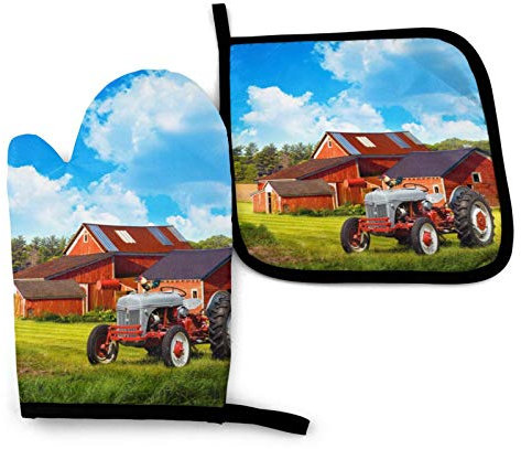 Company Lot de 2 Gants de Four et Porte-casseroles imprimés Tracteur de Ferme, Coussinets Chauds résistants, Gants de Cuisine pour Micro-Ondes, Barbecue, Cuisson, grillades, Lot de 2