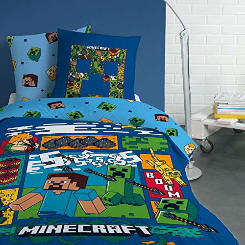 Minecraft Update Parure de lit Enfant 1 Personne | 100% Coton | Oeko-TEX | Housse de Couette 140x200 cm + 1 Taie d'oreiller 63x63 cm | Imprimé Réversible Garçon | Bleu