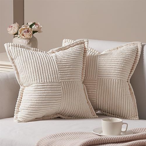 Topfinel 2er Set Kissenbezug 45x45 beige Kordsamt Kissenbezüge Kissenhülle Dekorative Sofakissen Couchkissen Dekokissen Kissen mit Verstecktem Reißverschluss