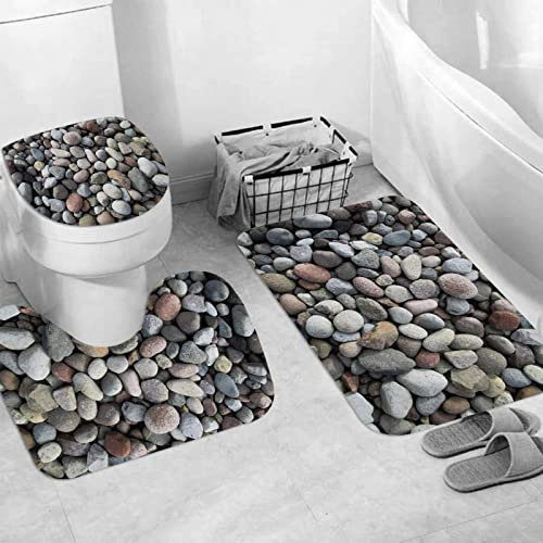 JIFOME Badteppich 3 Stück Weiche saugfähige Badematten,Flussbett Kies Steine Naturgestein,rutschfeste Badematte Teppiche & Toilettendeckelabdeckung Set Waschbar