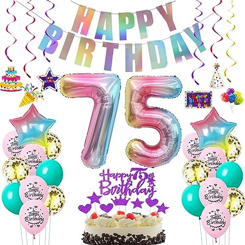 Deko 75. Geburtstag frauen bunt,Geburtstagsdeko 75 jahre frauen Rosa Luftballons 75 Geburtstag dekoration Regenbogen,bunt Folienballon 75 Geburtstag deko frau Rosa Tortendeko 75 Geburtstag lila