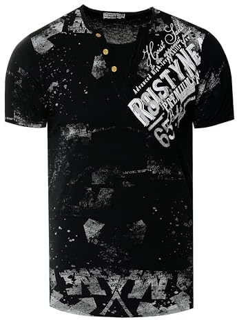T-Shirt Herren Verwaschen Used Look Seitlicher Logo Print Rundhals mit Knopfleiste V-Neck Optik 240