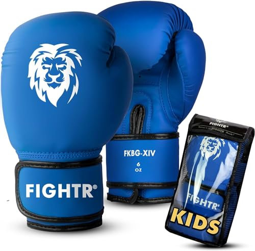 FIGHTR® Kinder Boxhandschuhe mit bestem Sitz für maximalen Schutz | Junior Jungen und Mädchen | für Boxen, MMA, Muay Thai, Kickboxen & Kampfsport 04 06 oz | inkl. Tragetasche (Blau, 04 oz)