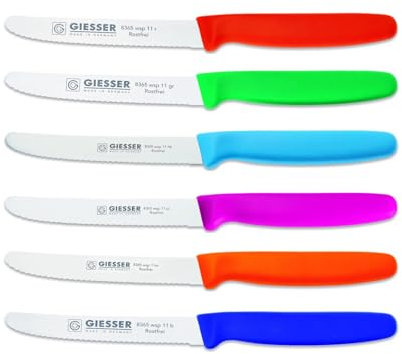 Giesser Messer 6er Set bunt Tomatenmesser Brötchenmesser Allzweckmesser 11cm Wellenschliff 3mm - rot grün hellblau pink orange blau