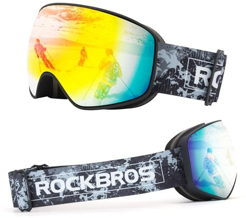 ROCKBROS Skibrille Snowboard Brille für Brillenträger UV-Schutz Goggle Helmkompatible Anti-Fog Brille Sportbrille für Skifahren Erwachsener Kind Windschutz Schwarz Kind