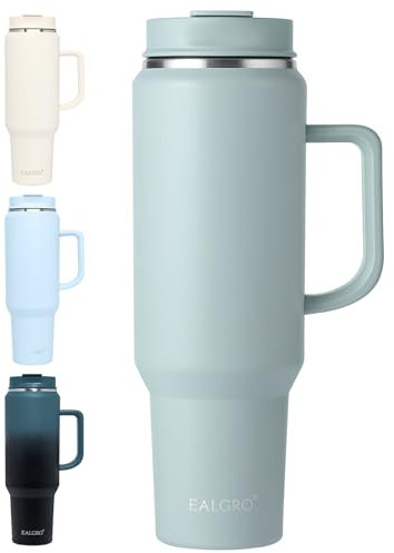 EALGRO 50 oz Tumbler with Handle, Insulated Tumblers with Lid and Straw, Large Metal Sports Water Bottle Jug, Thermal Stainless Steel Travel Coffee Mug Cup, Sage Green