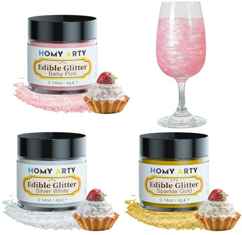 HOMY ARTY Essbares Glitzer - 3 Farben geschmacklos essbare Glitzerpulver, Glitzer Essbar für Torte/Glitzer Essbar Getränke für Ostern, Weihnachten, Oktoberfest Party, Champagner, Cocktails 4g/Dose