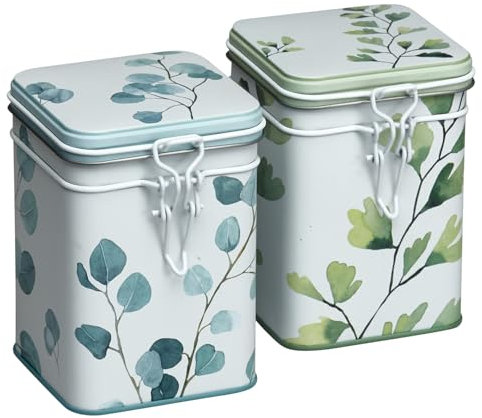 MediMuc Dose Trees je 150g - 2er Set - mit bunten Motiven aufwendig lackiert, Bügelverschlußdeckel - Tee- Kaffeedose lebensmittelecht L/B/H 8,2 x 8,2 x 11,9cm Vol. ca.800ml