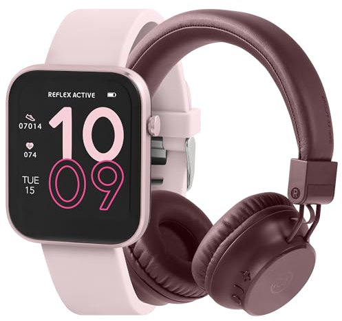 Reflex Active Series 12 Pale Pink Strap Smart Watch and Wireless Foldable On Ear Headphones with Built in Mic Bundle