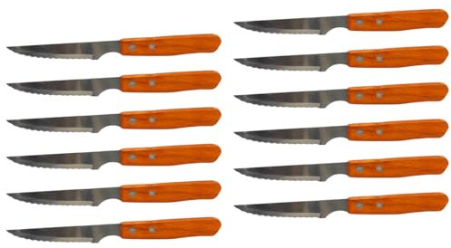 Acan Tradineur - Pack de 12 Cuchillos chuleteros de Sierra, Hoja de Acero Inoxidable de 10 cm y Mango de Madera, Cubiertos clásicos, Aptos para lavavajillas - 21 cm