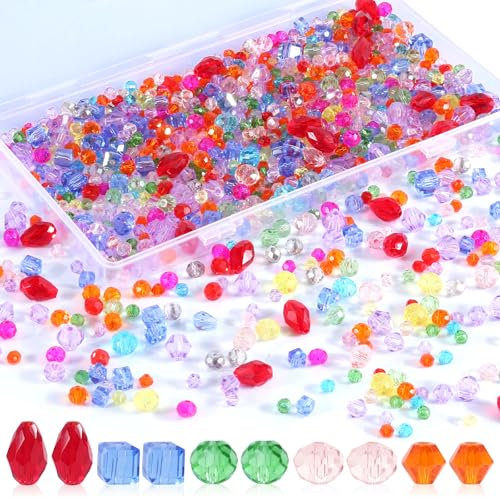1000 Stück Glasperlen zum Auffädeln, Glitzer Bastelperlen, 4/5/6/8mm Perlen zum Auffädeln, Kristall Perlen mit BehäLterbox für DIY Schmuckherstellung (Gemischte Farbe)