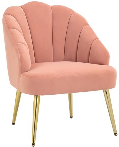 HOMCOM Poltrona Imbottita con Schienale a Conchiglia, Poltroncina da Camera e Salotto in Velluto con Gambe Dorate, per Camera da Letto e Soggiorno, Rosa