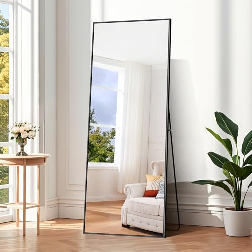 COFENY Ganzkörperspiegel, 165 × 60 cm Spiegel Groß mit Aluminiumrahmen,Standspiegel zum Stehen, Anlehnen oder Hängen, Spiegel Ganzkörper für Schlafzimmer, Wohnzimmer,Schwarz