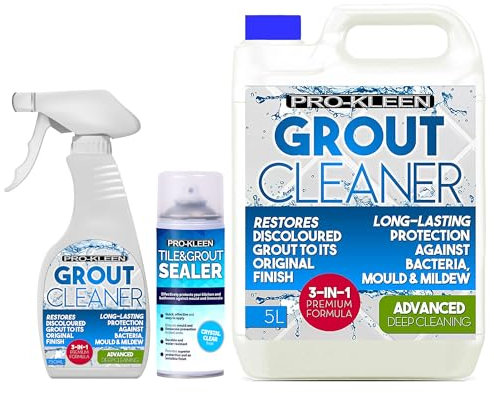 Pro-Kleen Grout Cleaner 5L & 750ml and Tile & Grout Sealer 400ml - Cleans, Protects & Seals - Waterproof Protection Against Mould, Mildew & Limescale - Long-Lasting & Non-Staining