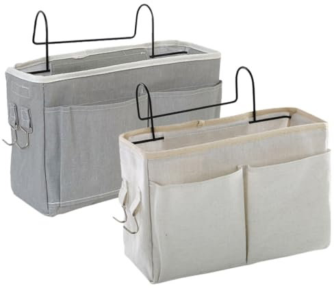 VOSAREA 2pcs Hanging Pocket Storage Bag for Bedroom Bed Rail Pouch Bedside Organizer Sturdy Cotton Fabric Multi-use