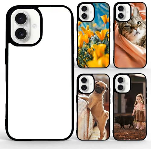 FOQENCCI 5 Piece Custom Phone Case Compatible for iPhone 16 Plus Sublimation Case with Blank Printable DIY Aluminum Hard PC Anti-Slip Bumper Protective Phone Cover Black