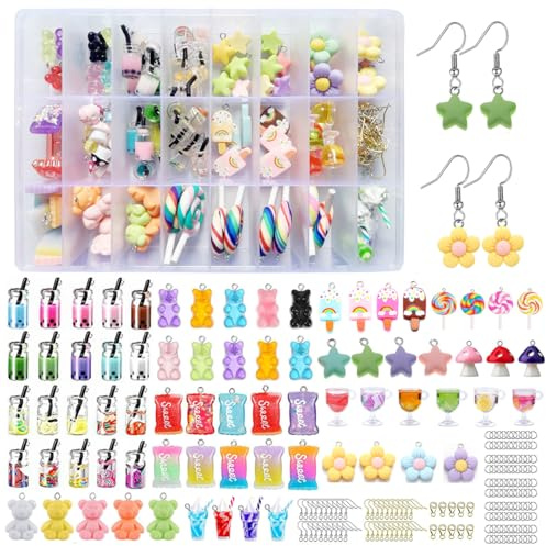 TRUBUY Charms Anhänger Set, 100 Stück Resin Bär Bubble Tea Süßigkeiten Basteln mit 150PCS Heimwerker Zubehör für Ohrringe Halsketten Armbänder Schlüsselanhänger und Schmuckherstellung
