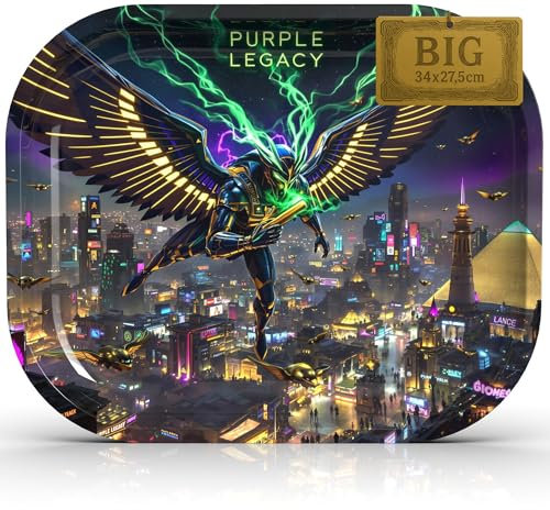 PURPLE LEGACY® Base 34 × 27,5 × 2,7 cm | chapa de metal | diseño egipcio Cyberpunk | Práctica bandeja con esquinas redondeadas (God of The City Big)