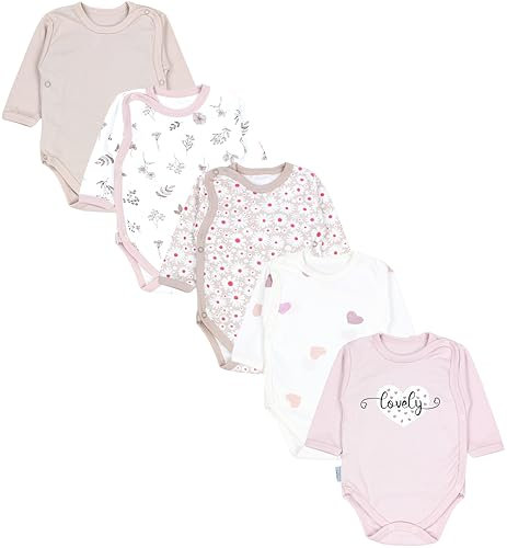 TupTam Wickelbody Langarm Baby Body im 5er Set – Weicher Body Baby aus Baumwolle für Mädchen & Jungen, Farbe: Blätter Blumen Herzchen Puderrosa Hellbeige, Größe: 68