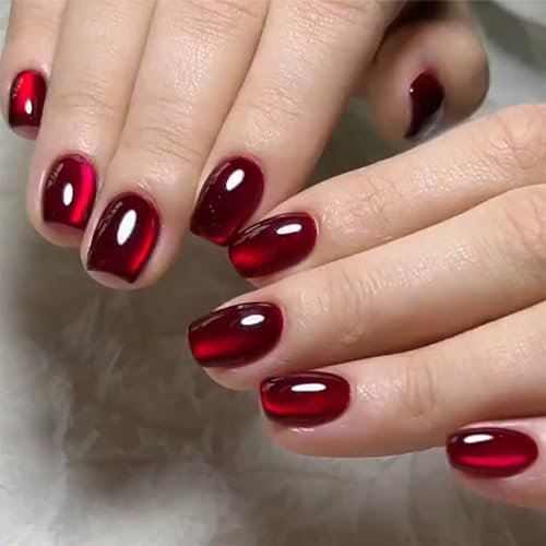 LunarCharm 24 Stück Dunkelrote Press-on-Nägel im Katzenaugen-Stil kurz quadratisch glänzend künstliche Nägel zum Aufdrücken glitzernde Acrylnägel