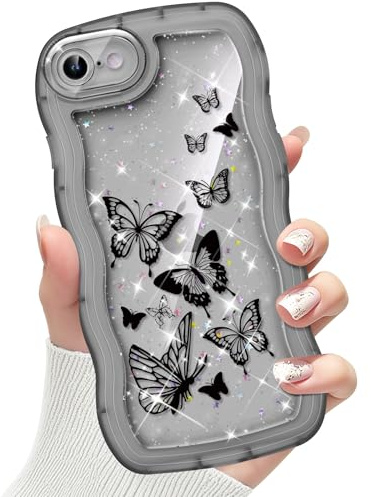CASBST Compatible with iPhone SE/8/7 Case for Women Girls, Curly Wave Frame with Bling Glitter Butterfly Pattern, Full Camera Protection, Slim TPU Aesthetic Clear Phone Case for iPhone SE/8/7, Black