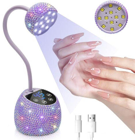 CGBE Mini Lampe UV Ongles Gel avec Capteur Automatique Intelligent et Écran LCD, 12 Perles LED Mini Lampe UV avec 4 Modes de Minuterie, 36W Portable Sèche-Ongles pour Salon et Maison, Strass Lilas