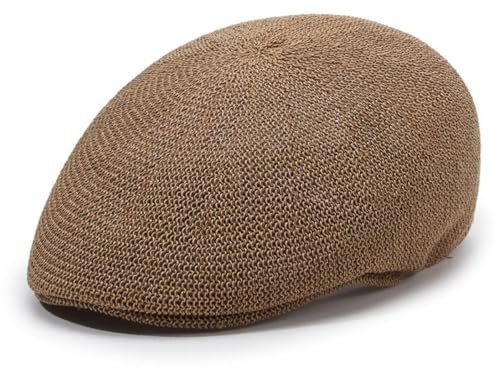 Men's Mesh Flat Cap, Breathable One Size Summer Peaked Caps for Men Women, Straw Sun Visor Seaside Beach Hat for Sports Fishing Golf, Adjustable Mesh Duckbill Newsboy Beret for Driving Hunting Khaki