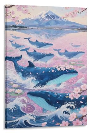 YYVKPMLXC Art Déco Murale Baleine Tableau Sur Toile Cerisier en Fleurs Rêveur Photos D'œuvres Moderne Peintures À L'huile Pour Le Bureau À Domicile Décoration Salle De Séjour 08x12inch(20x30cm)