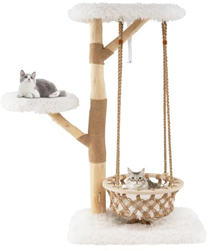COSTWAY Kratzbaum Holz, Katzenbaum mit Hängekorb, Seil, echten Holzästen, Kratzpfosten aus Jute, 2 Sitzstangen & Plattform, Katzenmöbel Kletterturm, Katzenkratzbaum Katzen, Natur+Weiß (123 cm)