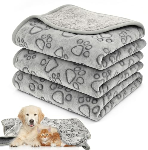Neerow 3 Pack Dog Blanket Washable, 76 x 52 cm Fleece Cat Blanket | Soft Fluffy Puppy Pet Blankets for Medium Small Indoor Dogs Cats Sofa Bed, Grey