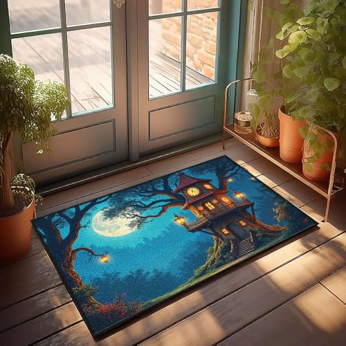 DRPZ Knock Before Entering Door Sign A Magical Treehouse Glowing Under A Full Moon Doormat Large Fall Door Mat Coffee Bar Decor(40X60CM)