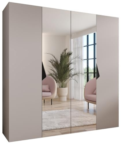 MEBLE KRYSPOL - Kleiderschrank - Garderobenschrank - 200 cm x 202 x 52 cm - Schrank mit Kleiderstange und Spiegel, 4 Türen - für Schlafzimmer, Flur - SANDI, Kaschmir, Griff Schwarz