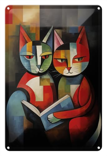 Wallario Blechschild Wandbild aus Metall Lesende Katzen - 20 x 30 cm in Premium-Qualität: Brillante Farben