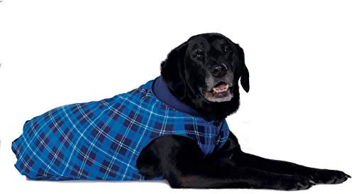 Gold Paw Duluth Double Fleece Hundemantel Pullover - Weiche, warme Hundekleidung, 4-Wege-Stretch-Haustierpullover - Maschinenwaschbar, Ganzjahreszeiten, Blau kariert/Marineblau, Größe 18