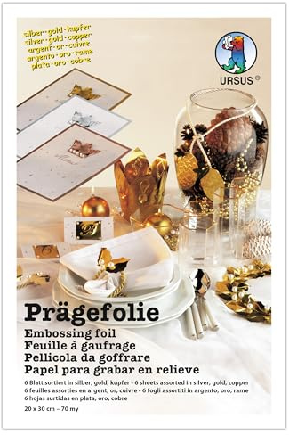 Ursus 16830099 - Prägefolie, Metallic, 6 Blatt in 3 verschiedenen Farben, ca. 20 x 30 cm, 70 µ, beidseitig bedruckt, ideal zum Verzieren von Karten, Scrapbooking oder Geschenken