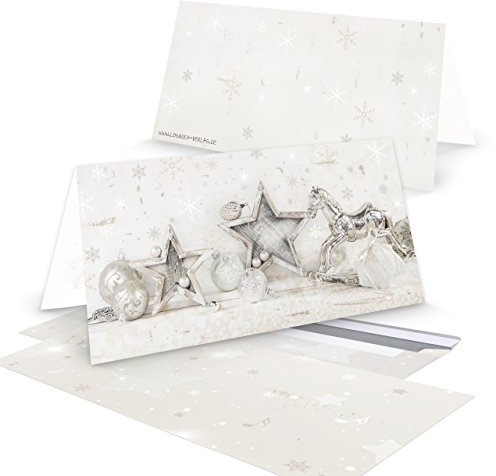 Logbuch-Verlag 100 weihnachtliche Grußkarten zum Beschriften & Bedrucken 10,5 x 21 cm Foto-Motiv Schaukelpferd - Weihnachtskarten mit Kuvert silber weiß shabby chic