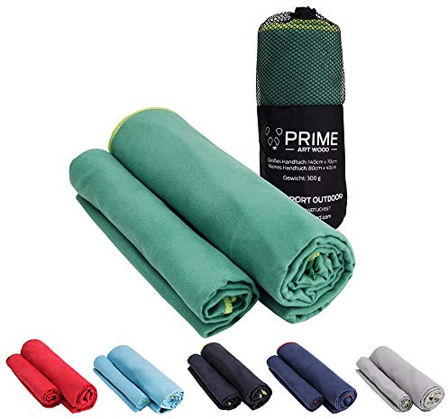 PRIME ART WOOD Mikrofaser Handtücher 2er Set Groß (200x100cm + 80x40cm), Schnelltrocknend, Saugstark, Super Weich, Reisehandtuch, Sporthandtuch, Badetuch (Grün)