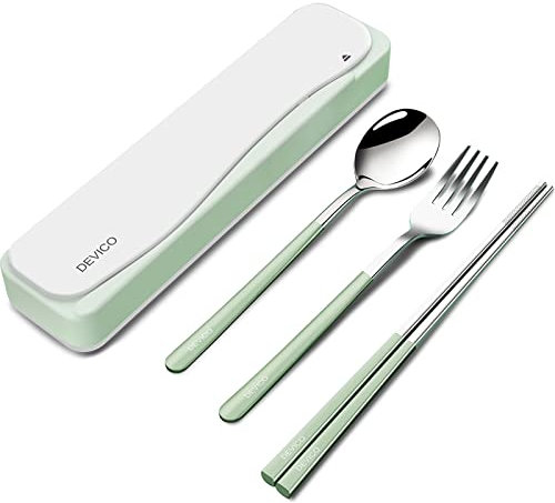 DEVICO Travel Cutlery Set, Camping Cutlery Set for 1, Portable 18/8 Stainless Steel Camping Utensils Include Fork Spoon Chopsticks (Green)