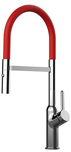 Design Küchenarmatur chrom Wasserhahn mit 360° schwenkbarem Auslauf und 2 strahl Handbrause - Brauseschlauch in Rot
