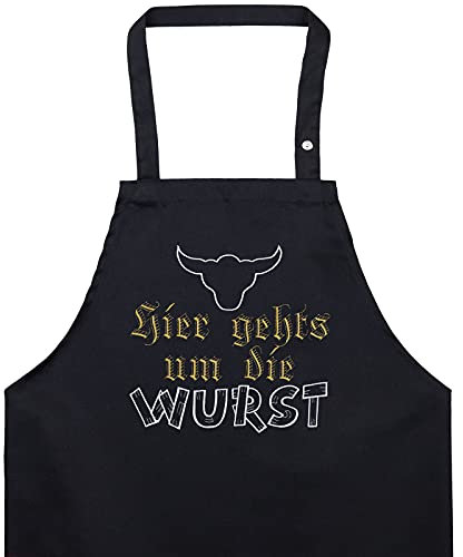 EXPRESS-STICKEREI BBQ Grillschürze - Lustige Kochschürze für Grillfans - Verstellbare Latzschürze für Männer/Frauen - Küchenschürze mit Spruch Hier gehts um die Wurst